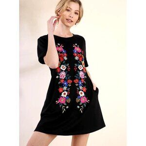 Umgee Floral Embroidered Black Tunic TShirt Dress S Pockets Festival Cottagecore